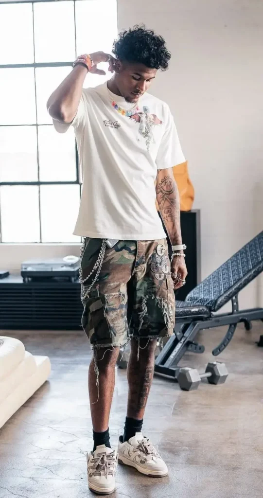 Camo jorts styled as casual streetwear outfit