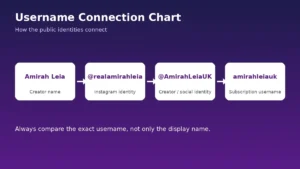 Chart showing how Amirah Leia, realamirahleia, AmirahLeiaUK and amirahleiauk usernames connect
