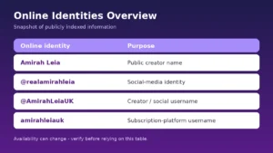 Overview of Amirah Leia public online identities and their purpose