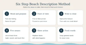 Infographic of the six step method for describing a beach in writing