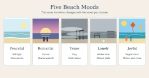 Five beach moods with colors and details: peaceful, romantic, tense, lonely, and joyful
