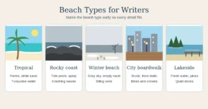 Five beach types: tropical, rocky coast, winter, city boardwalk, and lakeside