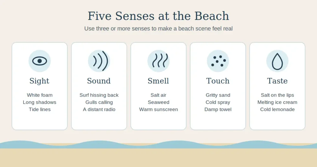 Infographic showing five senses with a beach example for each sense