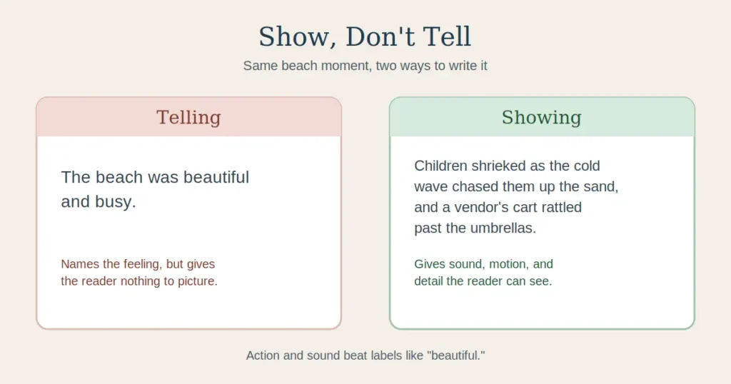 Comparison graphic of telling versus showing in a beach sentence