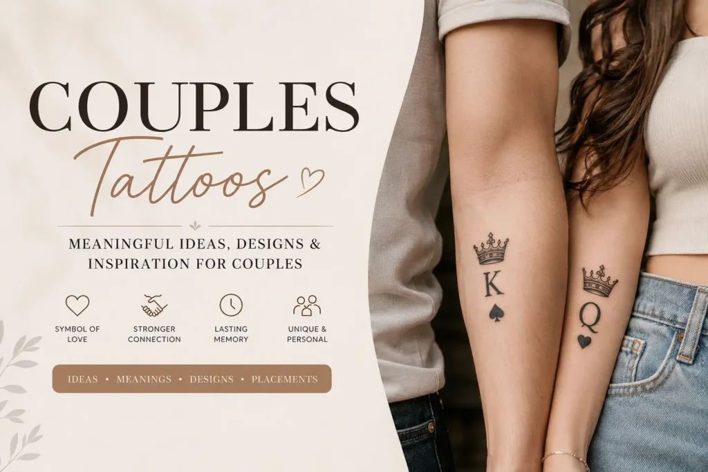 Couple tattoos featuring matching king and queen crown designs with playing card symbols on forearms