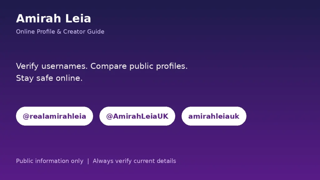 Amirah Leia online profile guide showing realamirahleia, AmirahLeiaUK and amirahleiauk usernames
