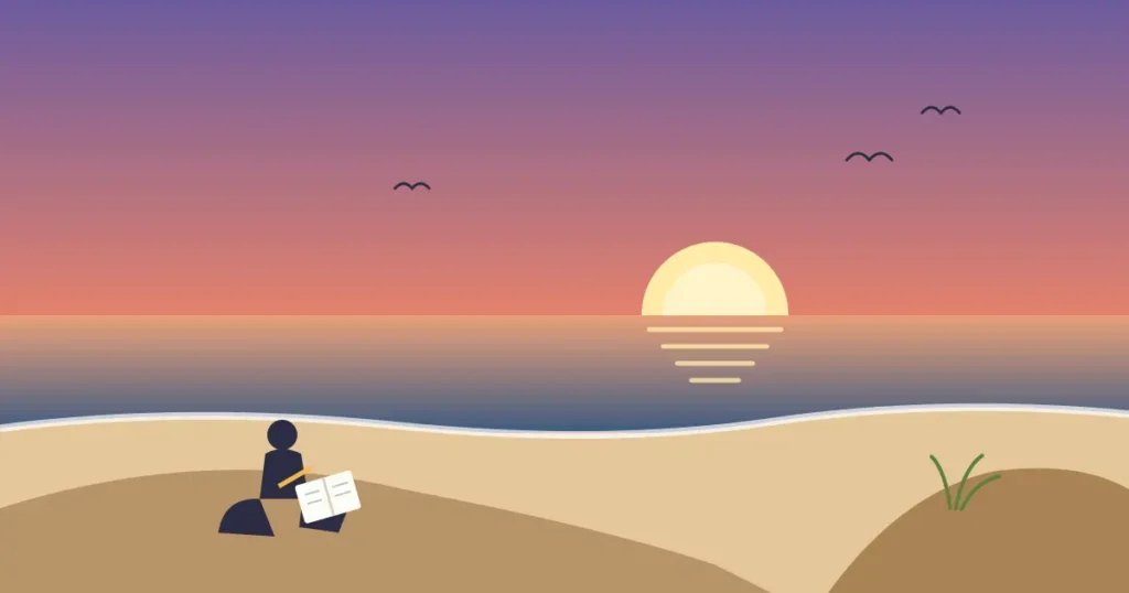 How to describe a beach in writing: a writer with a notebook on a sunset beach